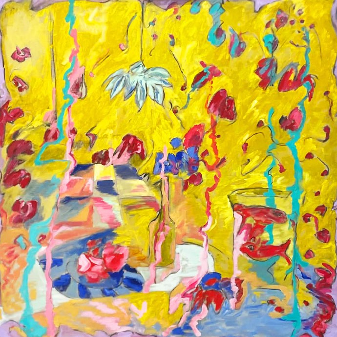 Tableau Lampe jaune et poissons rouges